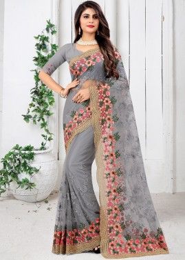 Grey Embroidered Net Saree With Blouse