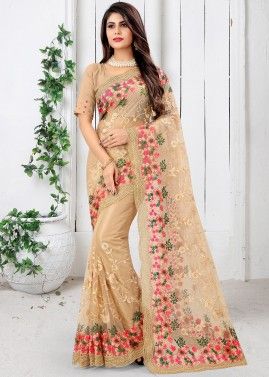 Beige Zari Embroidered Saree With Blouse