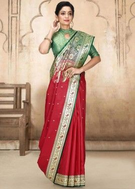 Red Banarasi Silk Festive Saree With Blouse
