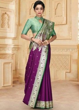 Purple Banarasi Silk Saree With Blouse