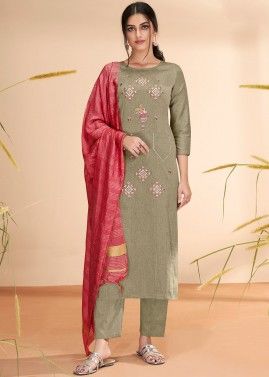 Green Readymade Embroidered Straight Cut Pant Suit