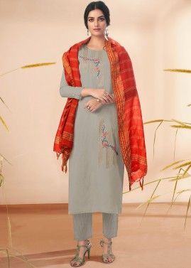 Grey Readymade Embroidered Pant Salwar Suit