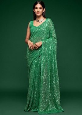 Green Sequins Embroidered Saree In Georgette
