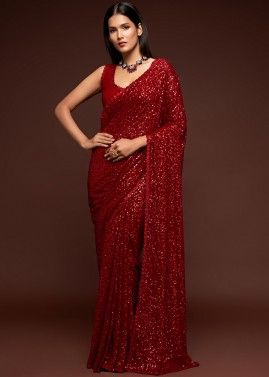 Red Color Plus Size Plain Silk Readymade Saree Blouses, Indian