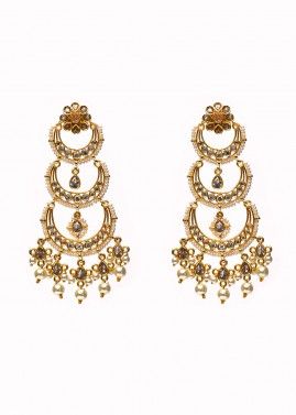 Golden Chandbali Earrings With Dropping Pearls
