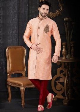 Peach Woven Art Silk Jacquard Groom Sherwani Pant Set