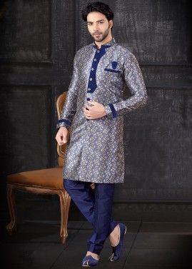 Blue Readymade Woven Sherwani Pant Set