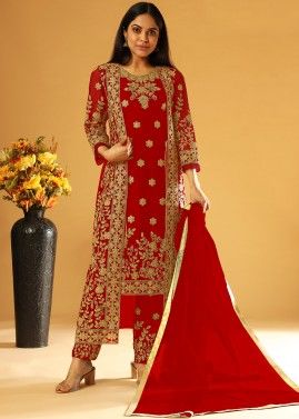 Red Net Pant Suit With Embroidered Jacket