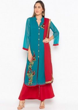 Turquoise Readymade Slit Style Palazzo Suit