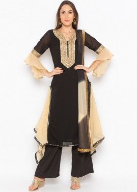 Readymade Black Georgette Embroidered Palazzo Suit
