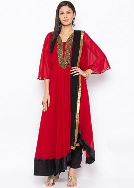 Maroon Readymade Embroidered Asymmetric Pant Suit