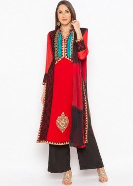 Red Readymade Embroidered Palazzo Suit