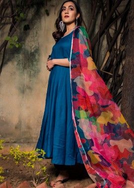 Readymade Blue Anarkali Style Pant Suit In Rayon