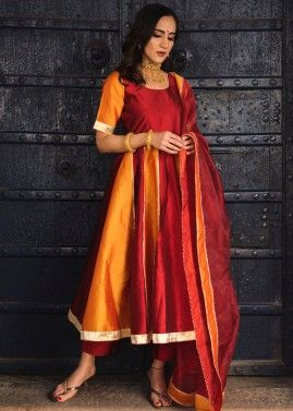 Readymade Red & Orange Laced Anarkali Suit