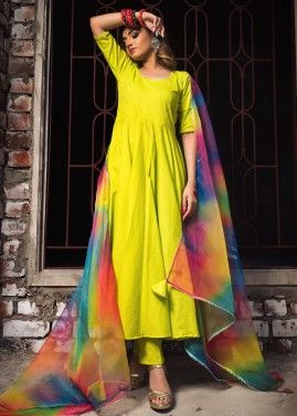 Readymade Green Laced Anarkali Style Suit In Cotton