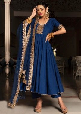 Blue Laced Readymade Anarkali Style Suit