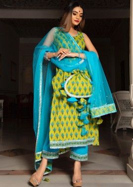 Green Block Printed Readymade Pant Salwar Suit