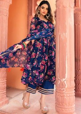 Blue Readymade Floral Printed Anarkali Style Suit