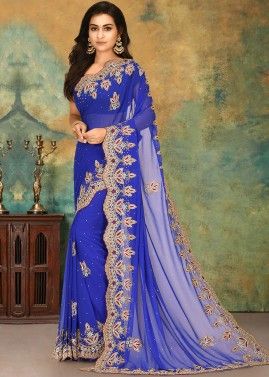 Blue Hand Embroidered Georgette Saree With Blouse