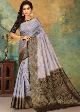 Grey Zari Woven Saree In Kanjivaram Silk