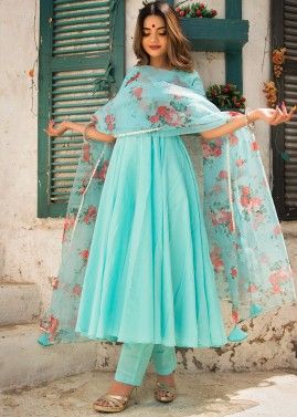 Latest Turquoise Cotton Hand Work Churidar Suit online 