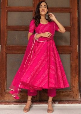 Readymade Pink Bandhani Printed Anarkali Suit