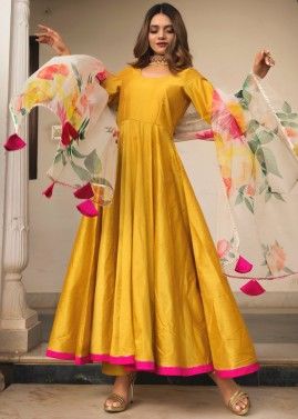 Readymade Yellow Anarkali Suit With Printed Dupatta