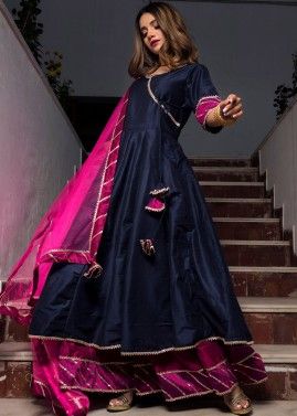Navy Blue Readymade Laced Angrkha Style Palazzo Suit