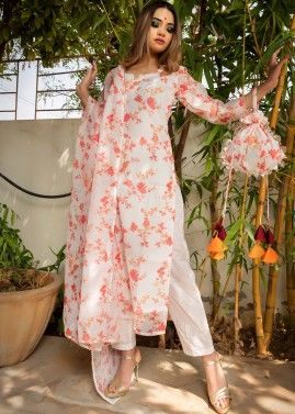 White Readymade Floral Printed Pant Suit Set