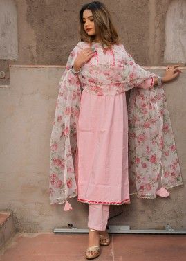 Pink Floral Printed Readymade Pant Suit