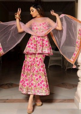 Pink Readymade Block Printed Sharara Suit Set