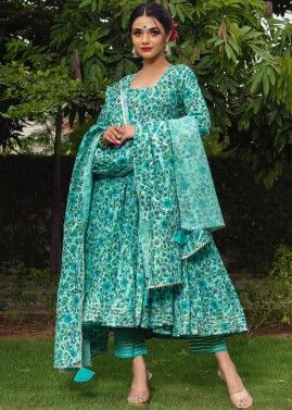 Green Readymade Block Printed Anarkali Style Suit