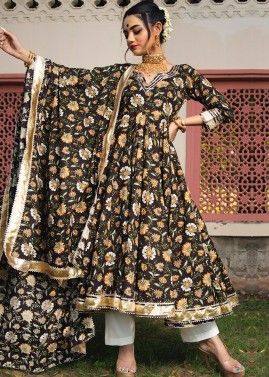 Brown Hand Block Printed Readymade Anarkali Suit