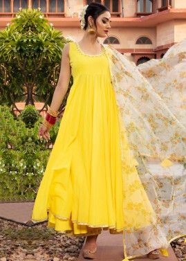Yellow Readymade Anarkali Suit With Printed Dupatta