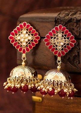 Red Jhumka Earrings With Studded Stones