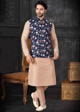 Beige Kurta Pant With Floral Printed Nehru Jacket