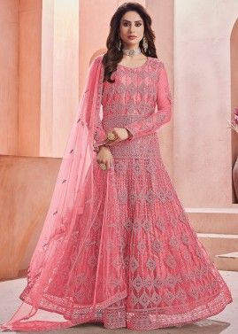 Pink Embroidered Anarkali Style Suit In Net