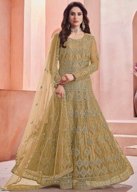 Yellow Embroidered Net Anarkali Suit Set