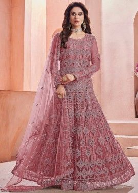 Pink Embroidered Net Anarkali Suit With Dupatta