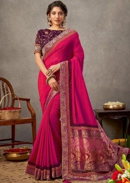 Pink Heavy Pallu Embroidered Saree In Georgette