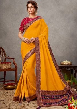 Embroidered Blouse With Yellow Satin Saree
