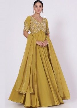 Yellow Readymade Embroidered Anarkali Style Suit