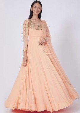 Peach Readymade Embroidered Anarkali Suit Set