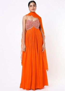 Readymade Orange Embroidered Anarkali Suit In Georgette