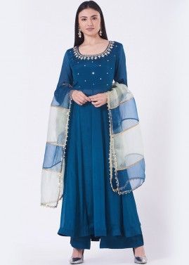 Blue Readymade Embellished Anarkali Style Pant Suit