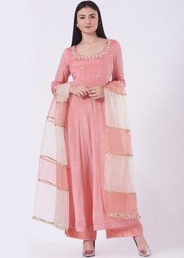 Readymade Pink Mirror Embellished Anarkali Suit