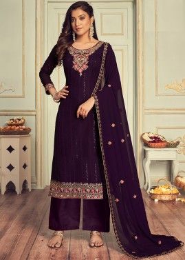 Purple Sequins Embroidered Palazzo Suit In Georgette
