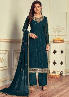 Green Georgette Palazzo Suit With Resham Work