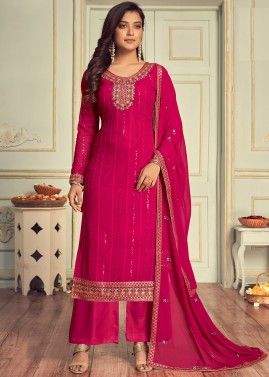 Pink Palazzo Suit With Heavy Embroidered Yoke