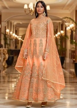 Orange Embroidered Net Anarkali Style Suit